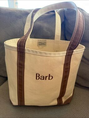 L.L. Bean boat and tote  cream Canvas-with Brown Trim - 'Barb' Embroidery